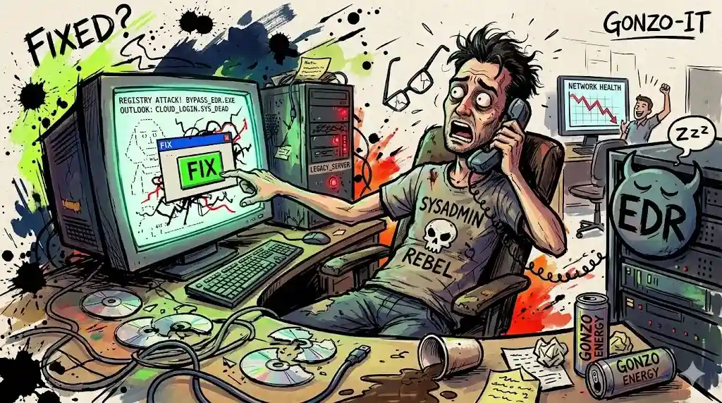 Eine chaotische, im Gonzo-Illustrationsstil gehaltene IT-Horrorszene: Ein verzweifelter Systemadministrator. Im Hintergrund ein Bildschirm mit der Aufschrift „FIX“, Der Raum ist übersät mit „Gonzo Energy“-Dosen, kaputten CDs und einem schlafenden „EDR“-Dämon inmitten von ausgelaufener Tinte und technischem Müll. Diverse Textelemente  unterstreichen den infrastrukturellen Kollaps.