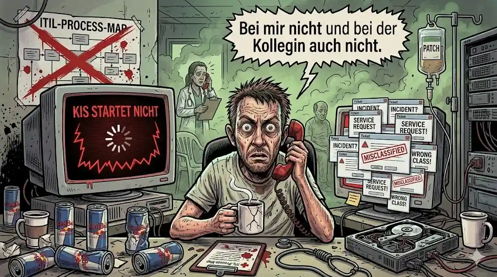 Gonzo-Comic-Illustration eines gestressten IT-Admins im Krankenhaus beim Systemausfall. Im Vordergrund sitzt der übermüdete Admin mit aufgerissenen Augen am Schreibtisch, hält ein rotes Hotline-Telefon und eine Kaffeetasse. Links zeigt ein Röhrenmonitor die rote Anzeige &lsquo;KIS STARTET NICHT&rsquo; mit Ladesymbol; rechts stapeln sich chaotisch Ticket-Pop-ups mit &lsquo;INCIDENT&rsquo;, &lsquo;SERVICE REQUEST&rsquo; und &lsquo;MISCLASSIFIED&rsquo;-Stempeln. An der Wand hängt eine durchgestrichene &lsquo;ITIL-PROCESS-MAP&rsquo;. Auf dem Tisch liegen leere Energy-Dosen, eine zerlegte Festplatte und ein Stethoskop als Schlinge. Im verrauchten Hintergrund sieht man eine Aufnahme-Sekretärin am Telefon, einen wartenden Patienten und einen Infusionsständer mit einem &lsquo;PATCH&rsquo;-Beutel an einem Server-Rack. Eine große Sprechblase oben textet: &lsquo;Bei mir nicht und bei der Kollegin auch nicht.&rsquo;