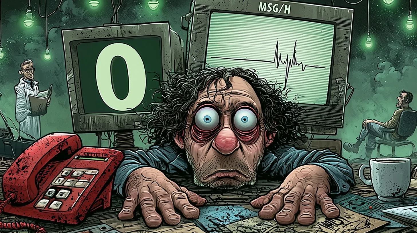 Gonzo-Comic-Illustration eines reglosen IT-Admins im Krankenhaus. Er sitzt übermüdet und starr am Schreibtisch und blickt den Betrachter direkt an, die Hände flach auf der Tischplatte. Auf einem großen Röhrenmonitor läuft eine flache EKG-Linie, beschriftet mit "MSG/H", darunter eine grüne Anzeige mit dem Wert "0". Ein rotes Hotline-Telefon steht stumm und verstaubt neben einer kalten Kaffeetasse. Alle Statuslampen im Raum leuchten grün. Im verrauchten Hintergrund, klein und unbeachtet, ein Arzt im Kittel mit einer leeren Akte und ein wartender Patient auf einem Stuhl.