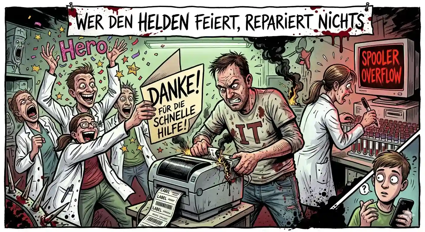 Mehrere Labordrucker im Krankenhaus geben nach einem IT-Ausfall gleichzeitig Etiketten aus, während das Team zwischen Erleichterung und Frust steht.